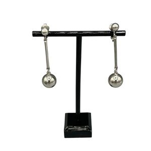 Vintage Silver-Tone Clip On Dangle Earrings Modernist Ball Drop
